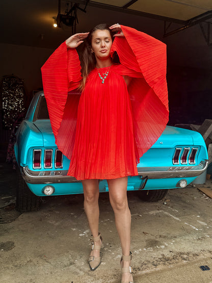 Pleated Chiffon Cape Shift
Mini Dress (Spicy Orange)