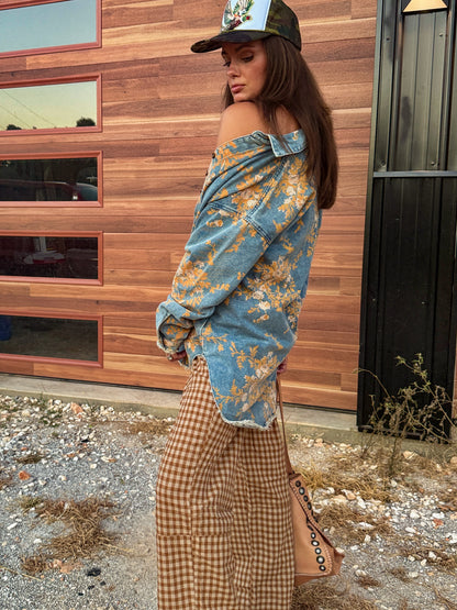 Floral denim BoHo shirt jacket ￼