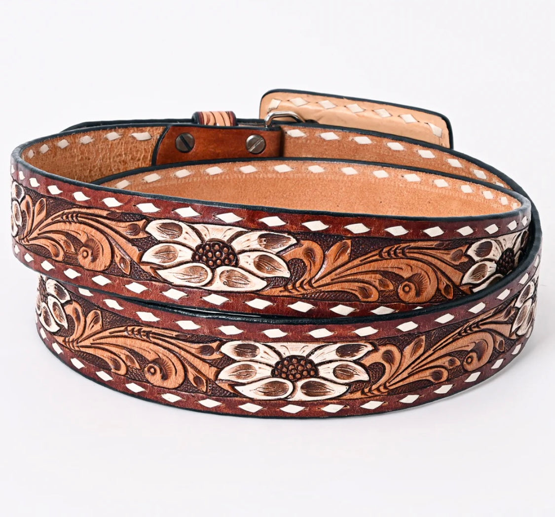 Floral Tooled Leather Belt