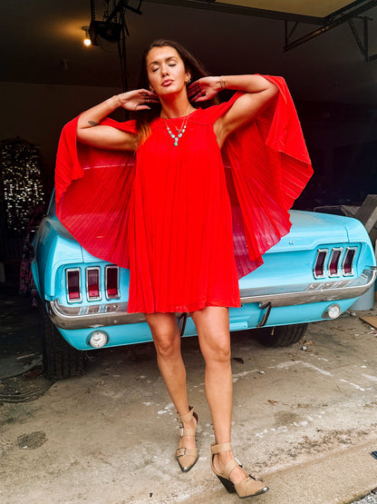 Pleated Chiffon Cape Shift
Mini Dress (Spicy Orange)