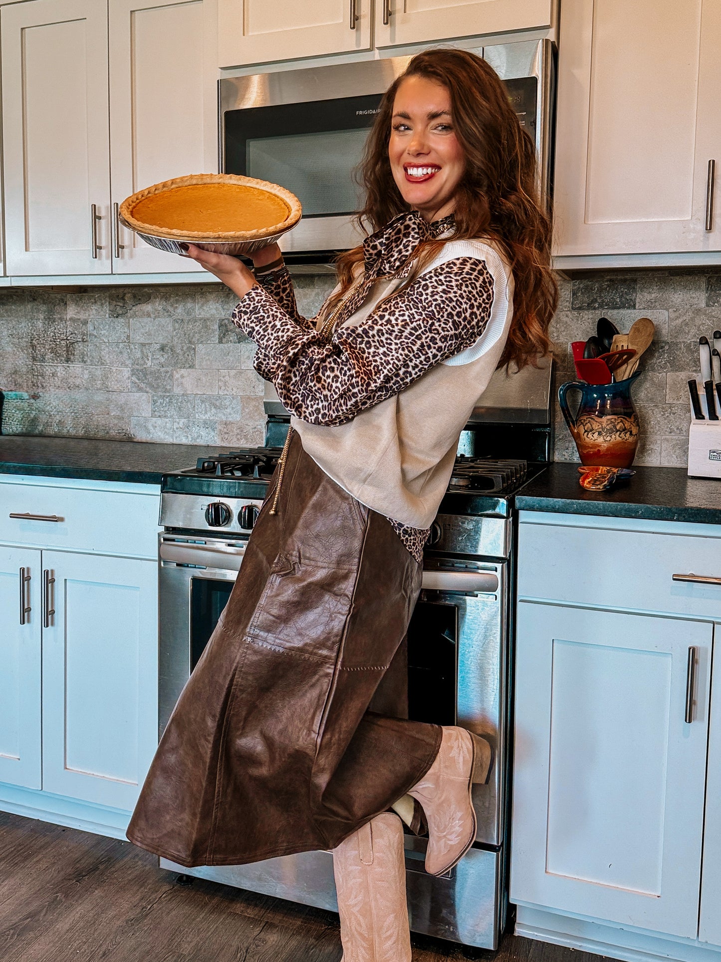 Washed Leather Midi Skirt