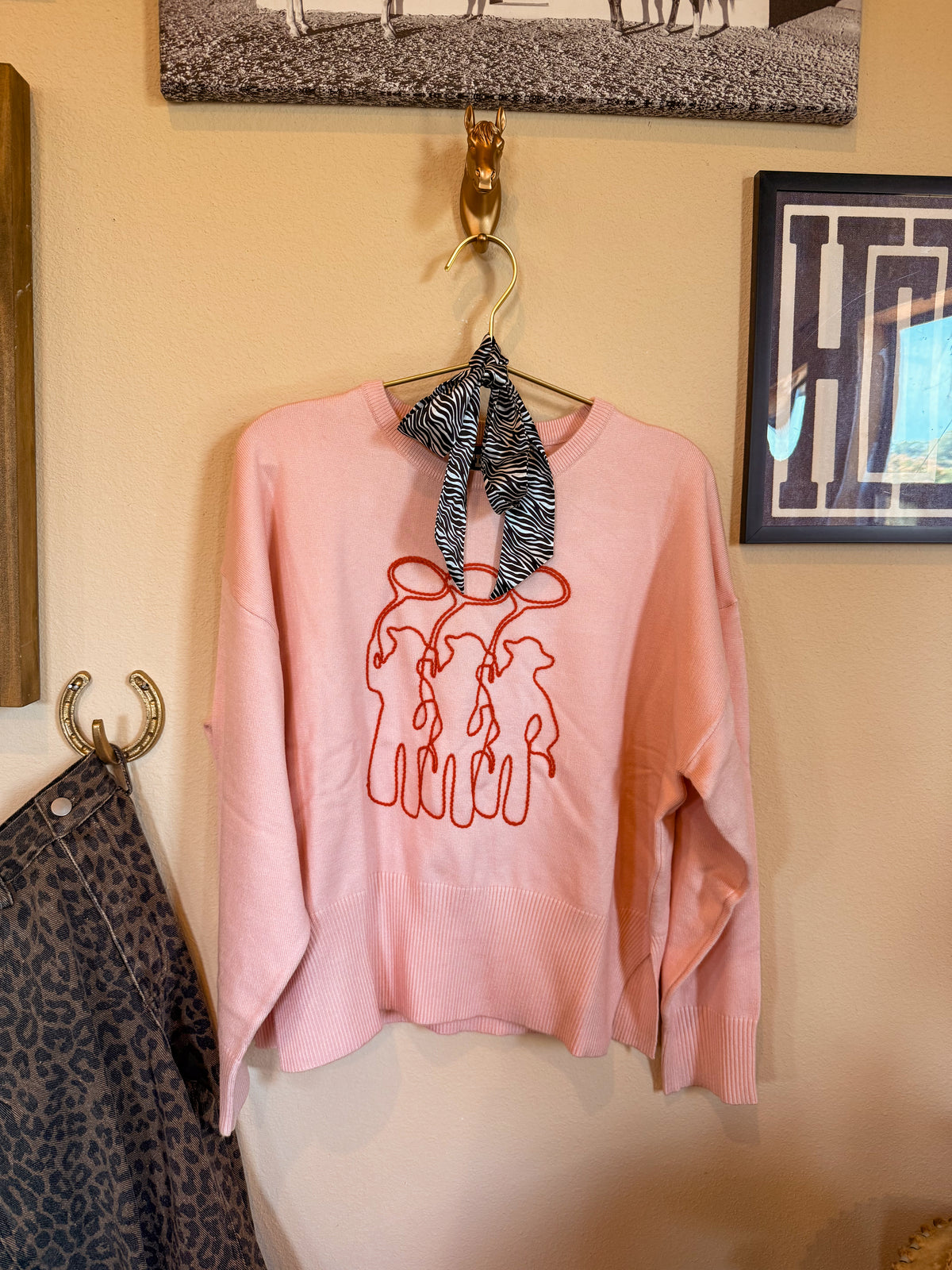 Tres amigos pink western embroidered cowboy sweater ￼