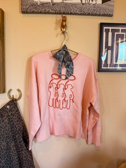 Tres amigos pink western embroidered cowboy sweater ￼