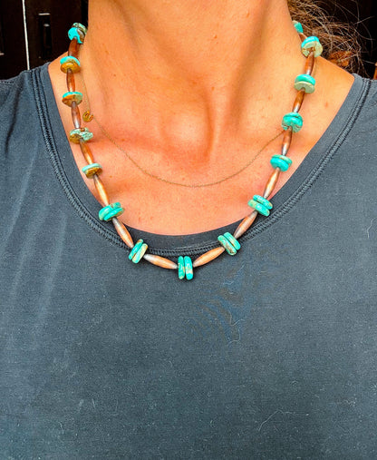 Elongated copper torpedo beads genuine turquoise necklace