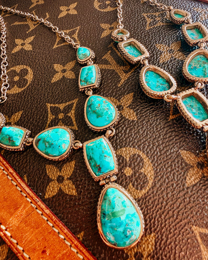 Genuine Blue Turquoise Roped Golden Bronze Y
Necklace