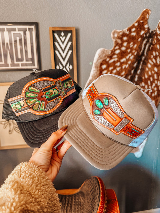 Buckle Tooled Leather Trucker Hat