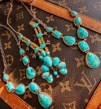 Genuine Blue Turquoise Roped Golden Bronze Y
Necklace