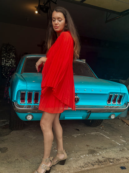 Pleated Chiffon Cape Shift
Mini Dress (Spicy Orange)