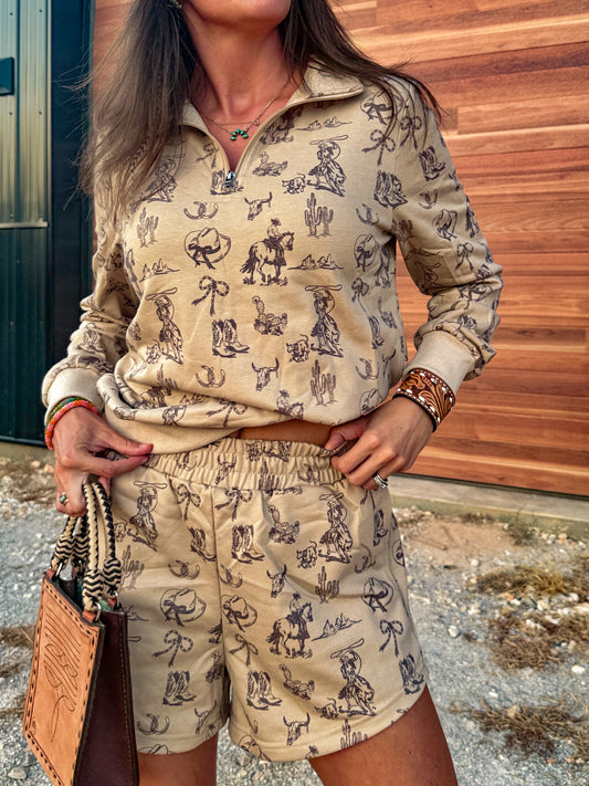 Western Print Half Zip Shorts Set