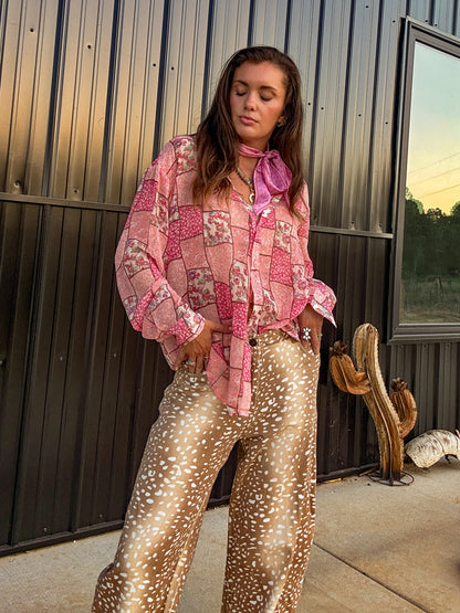 Pink Sheer Floral Patchwork button ￼