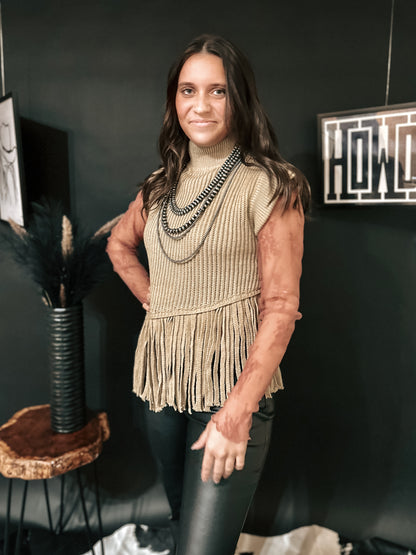 Alter’d Khaki Fringe Sweater Vest ￼