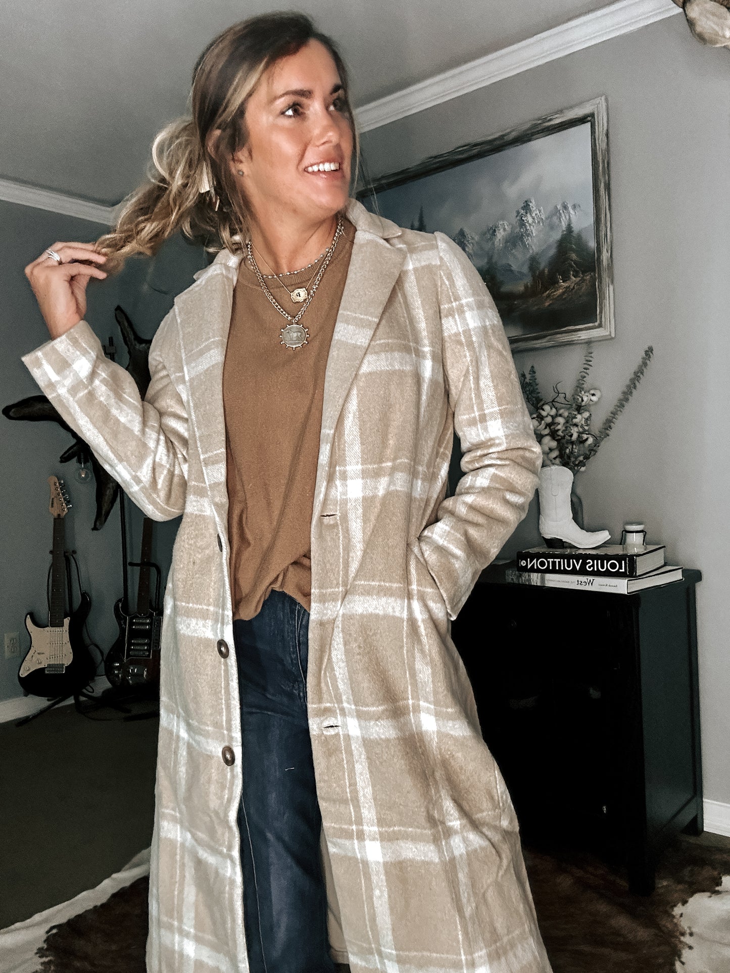 Cream Plaid Trench Coat