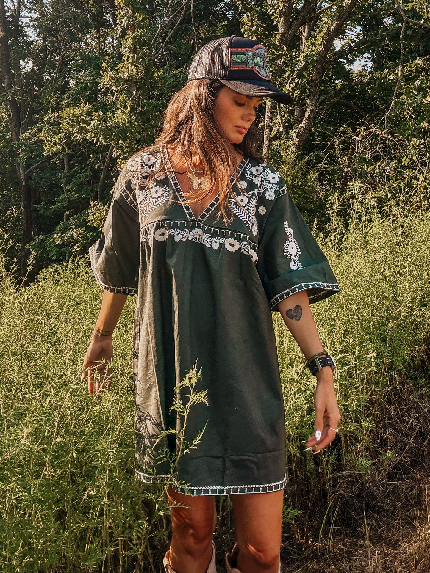 Embroidered Olive Shift Dress