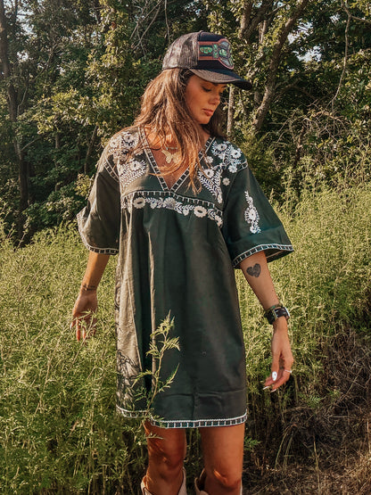Embroidered Olive Shift Dress