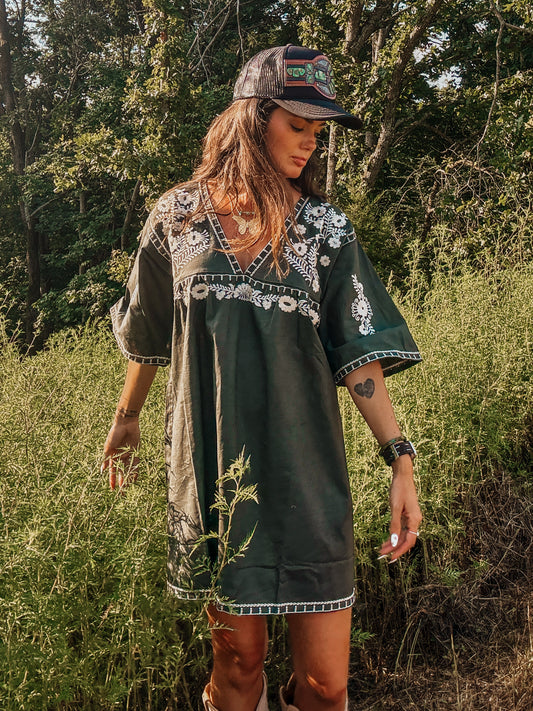 Embroidered Olive Shift Dress