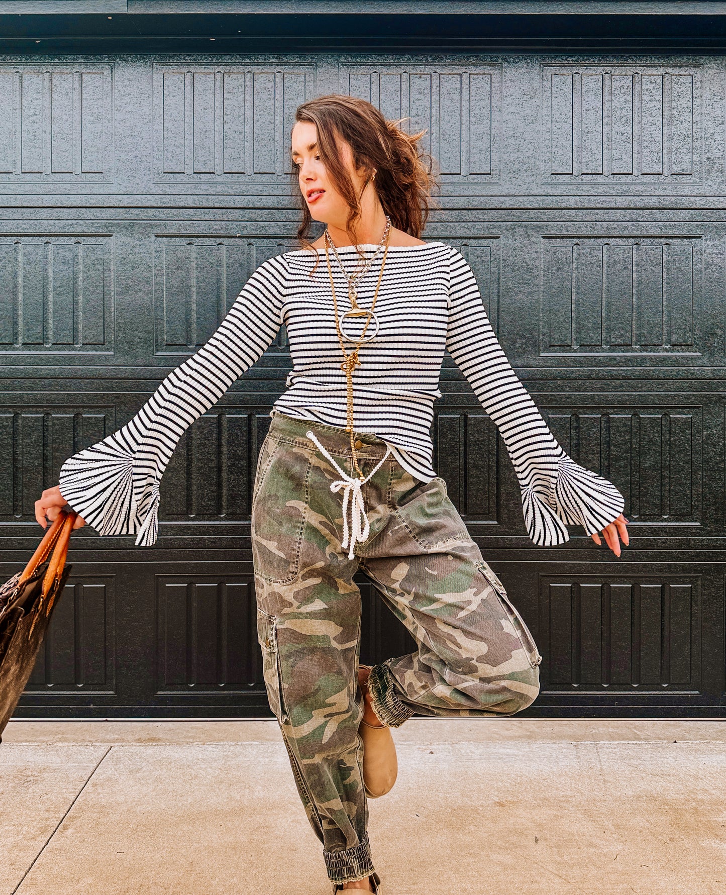 Striped Bell Sleeve off the shoulder top