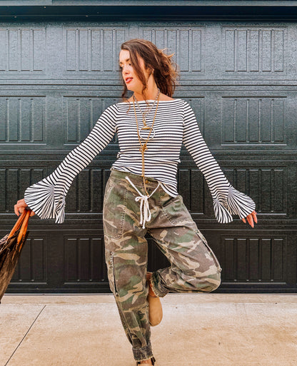 Striped Bell Sleeve off the shoulder top