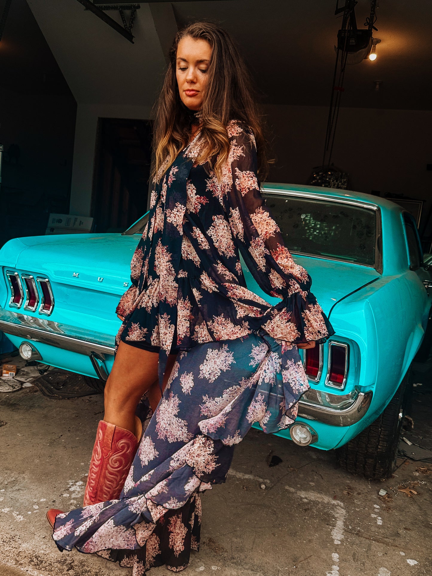 Floral Ruffle High-Low Dress with Scarf Tie
