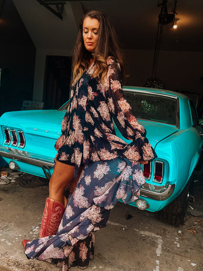 Floral Ruffle High-Low Dress with Scarf Tie