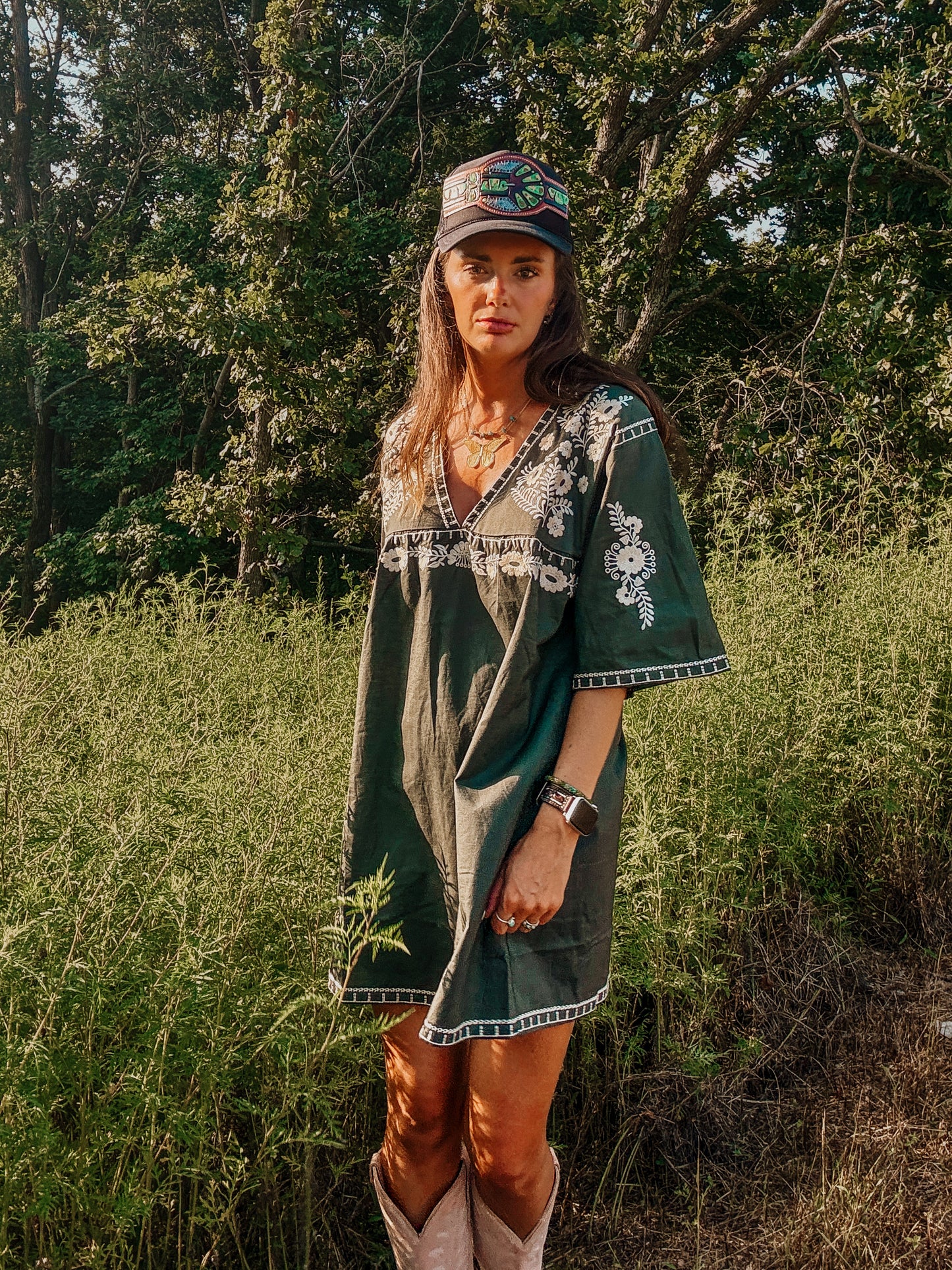 Embroidered Olive Shift Dress