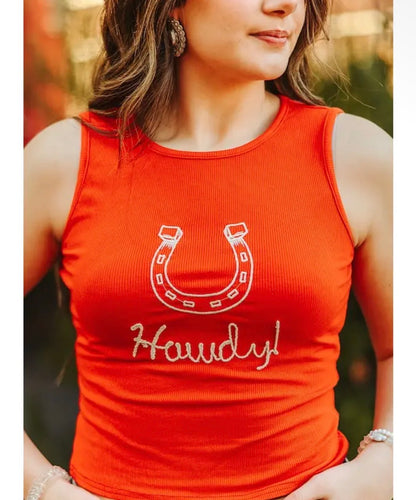 Red Horse Shoe Howdy Ribbed Embroidered Tank