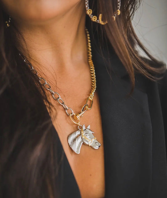 Two Toned Chain Necklace with Horse Pendant