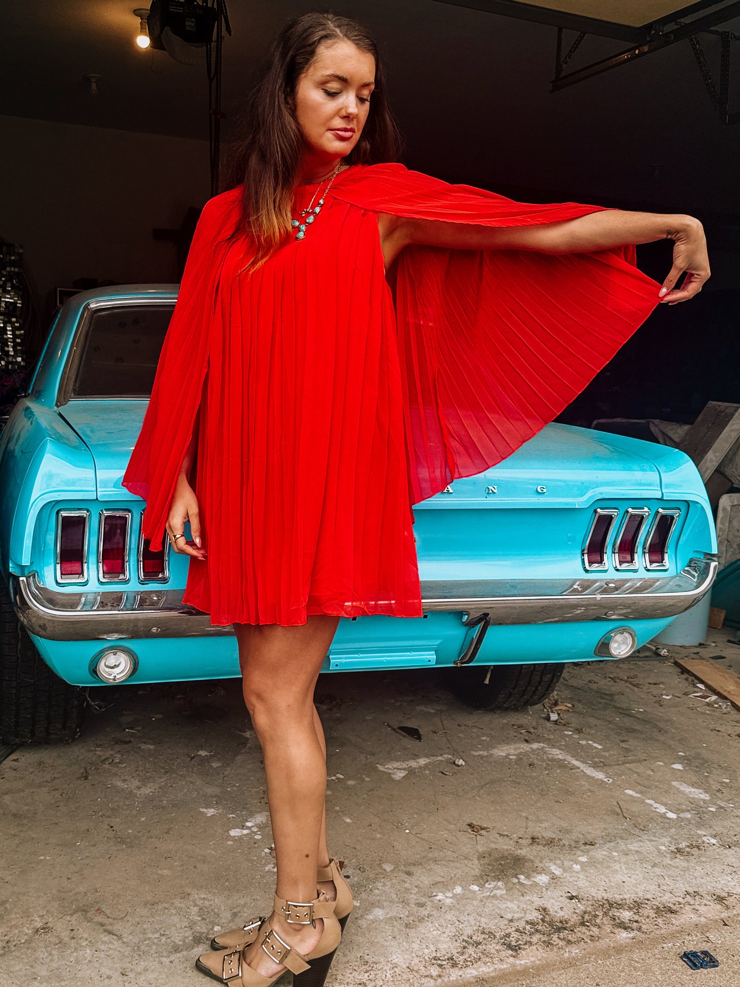 Pleated Chiffon Cape Shift
Mini Dress (Spicy Orange)