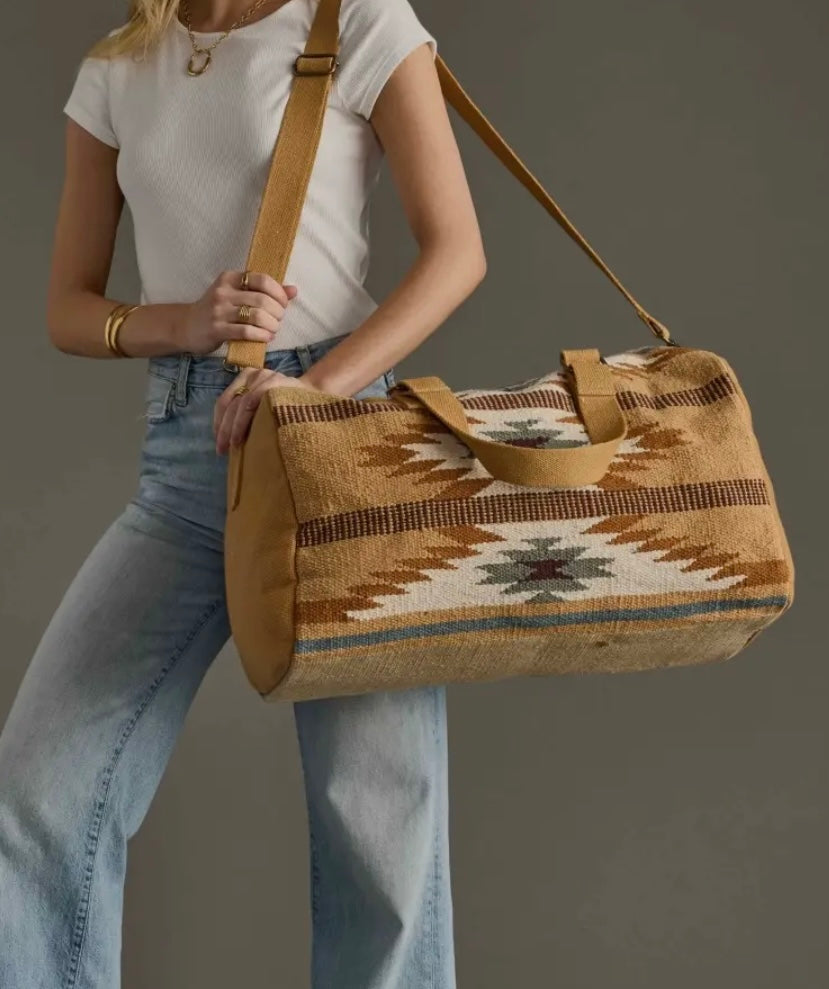 Tan, camel, teal & cream Aztec duffel