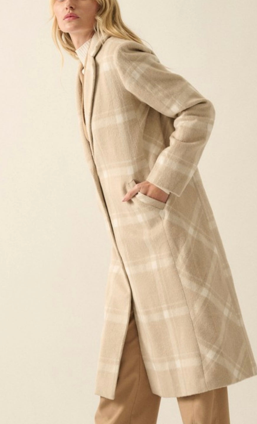 Cream Plaid Trench Coat