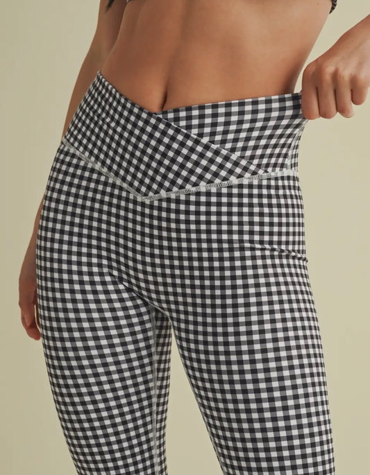 Gingham Print High Waisted Flare Leggings Black