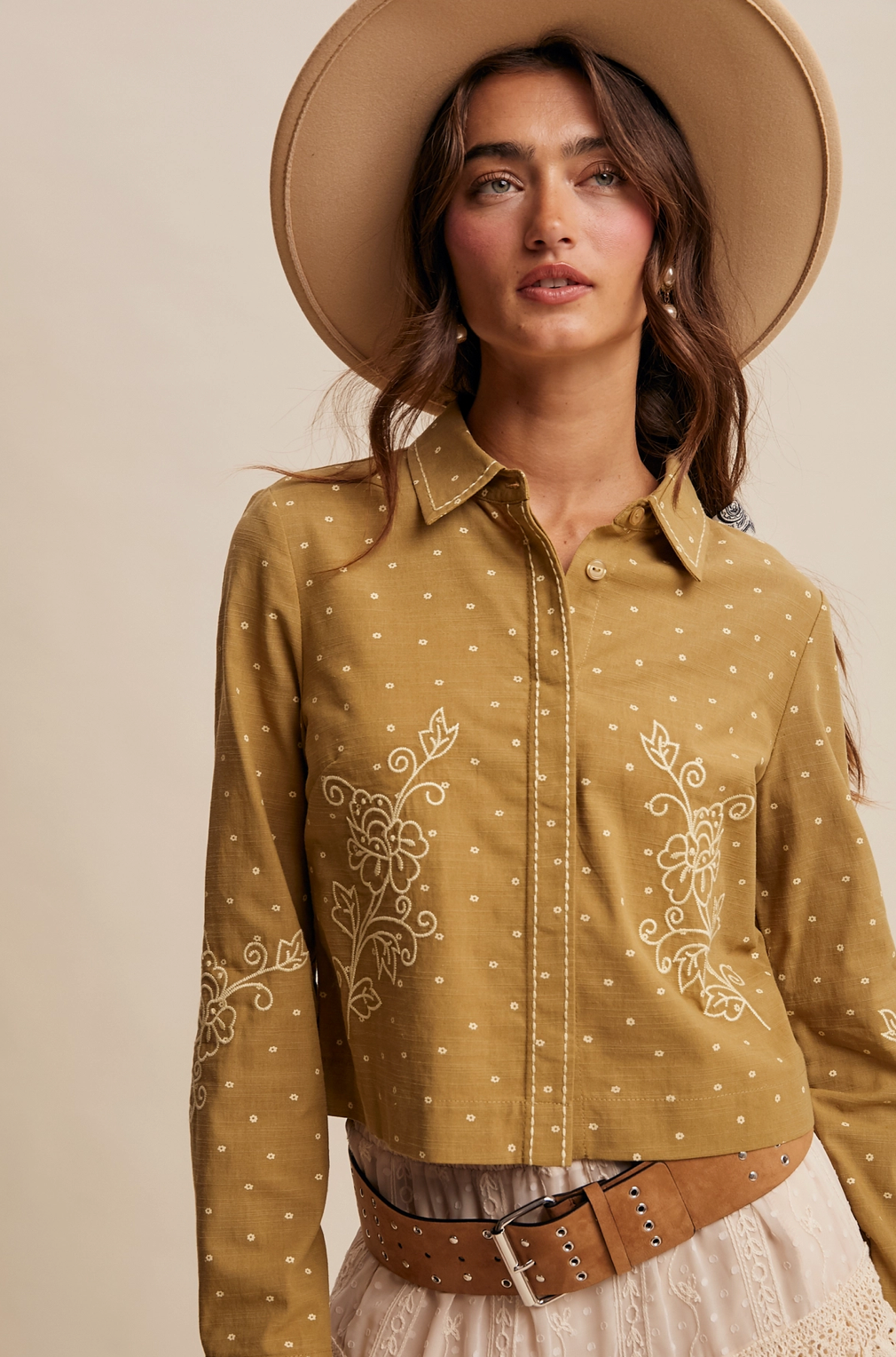 Camel embroidered button up