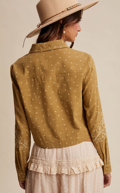 Camel embroidered button up