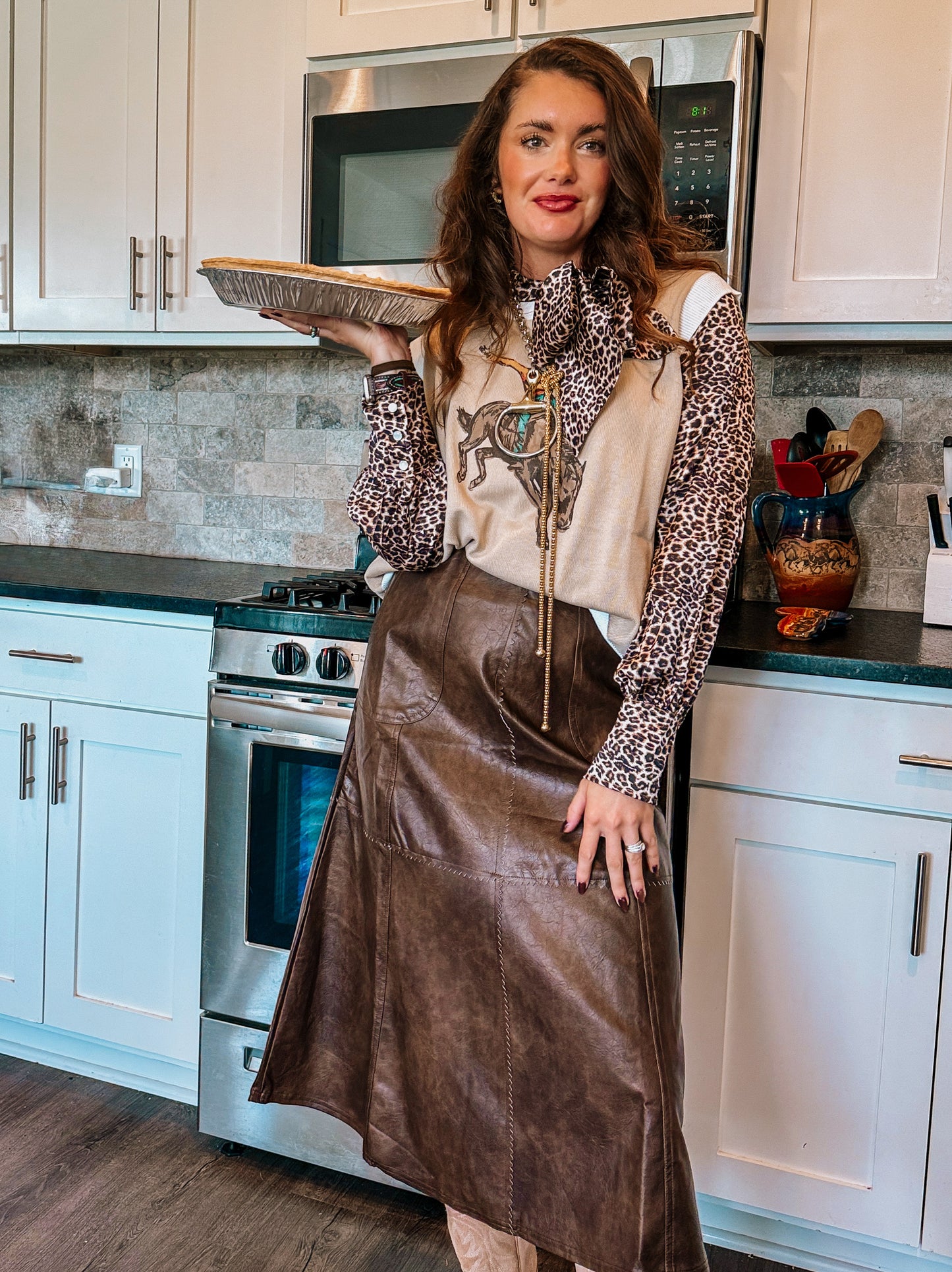 Washed Leather Midi Skirt