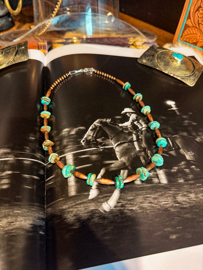 Elongated copper torpedo beads genuine turquoise necklace