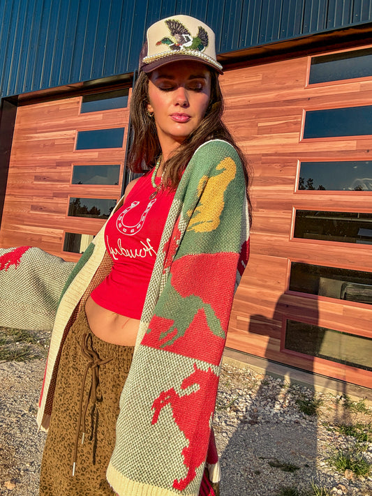 Kaleidoscope Cowgirl horse block print cardigan ￼