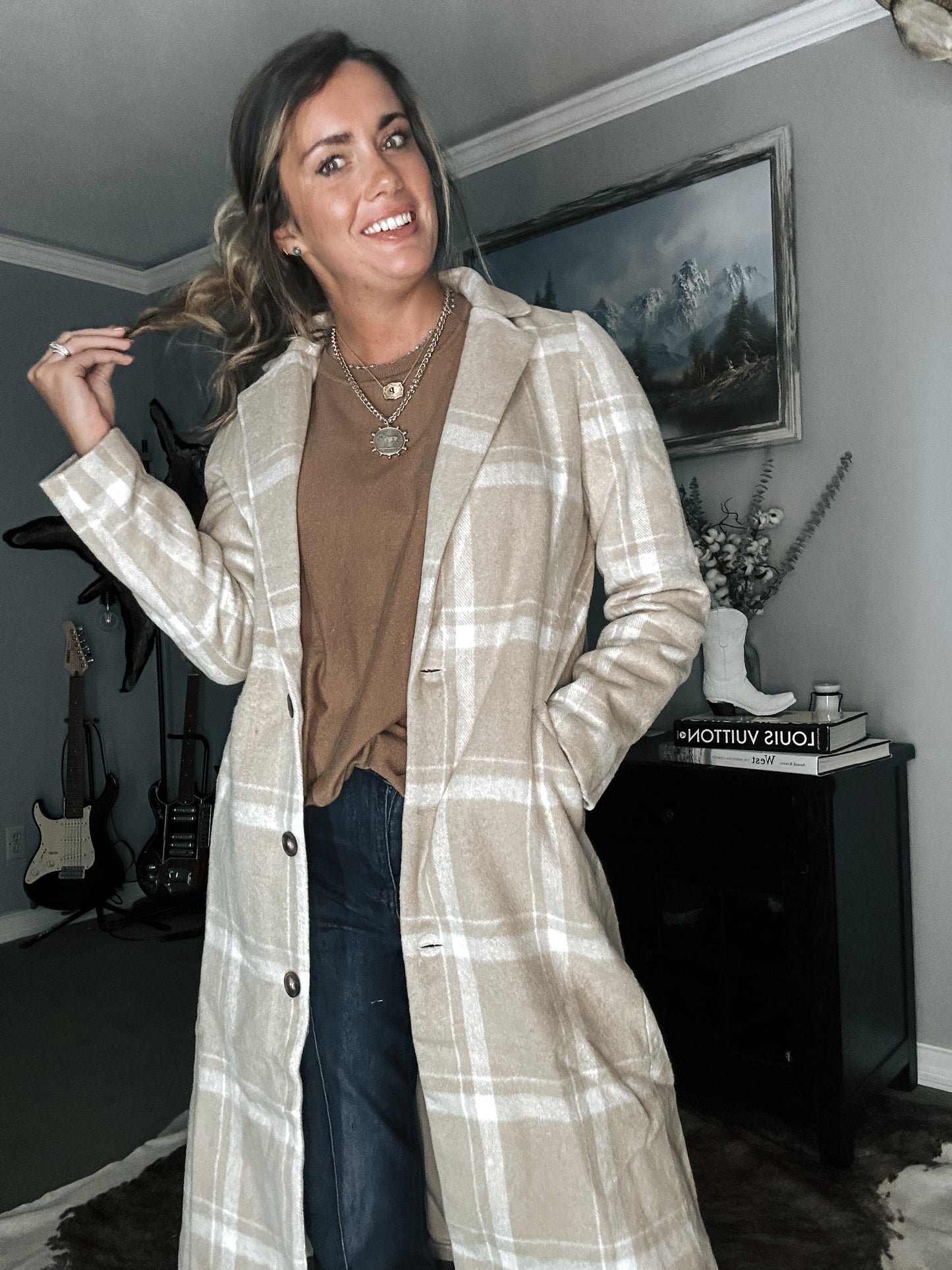 Cream Plaid Trench Coat