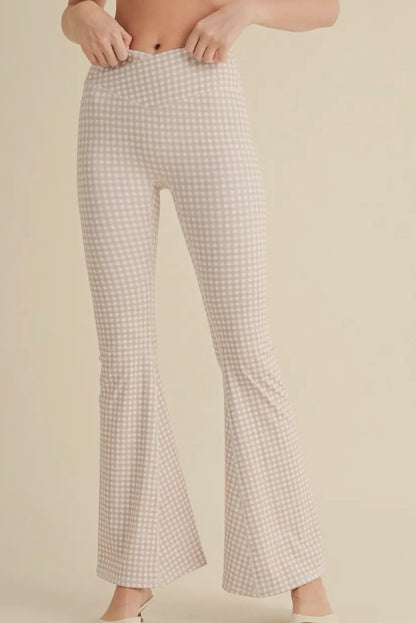 Gingham Print High Waisted Flare Leggings Beige ￼