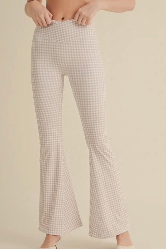 Gingham Print High Waisted Flare Leggings Beige ￼