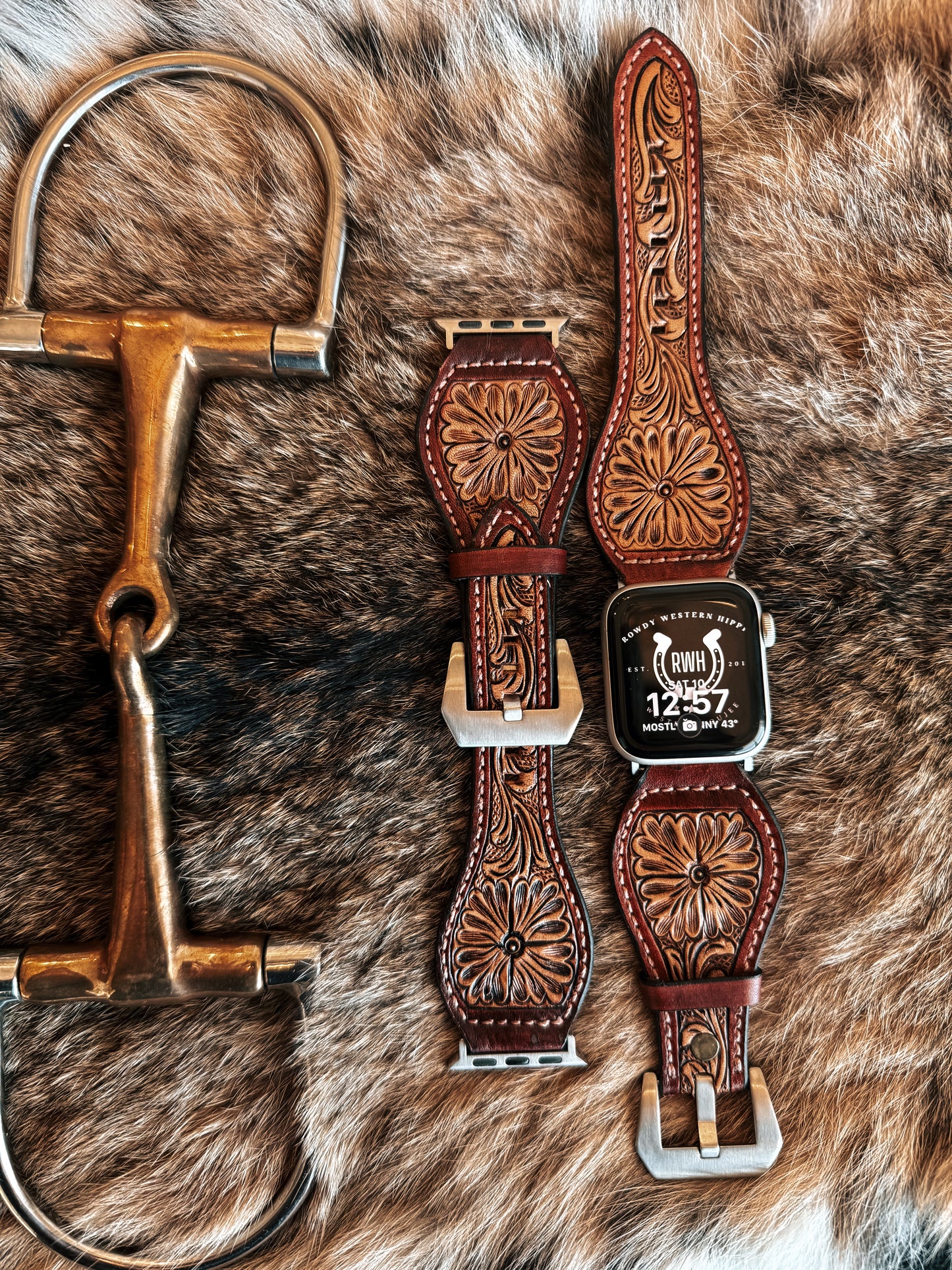 Flower Tooled Leather Watch Band