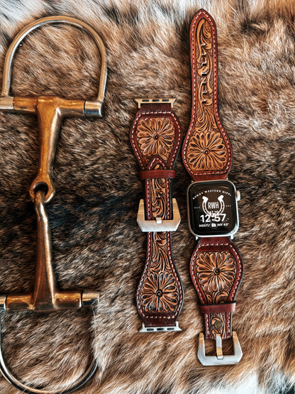 Flower Tooled Leather Watch Band
