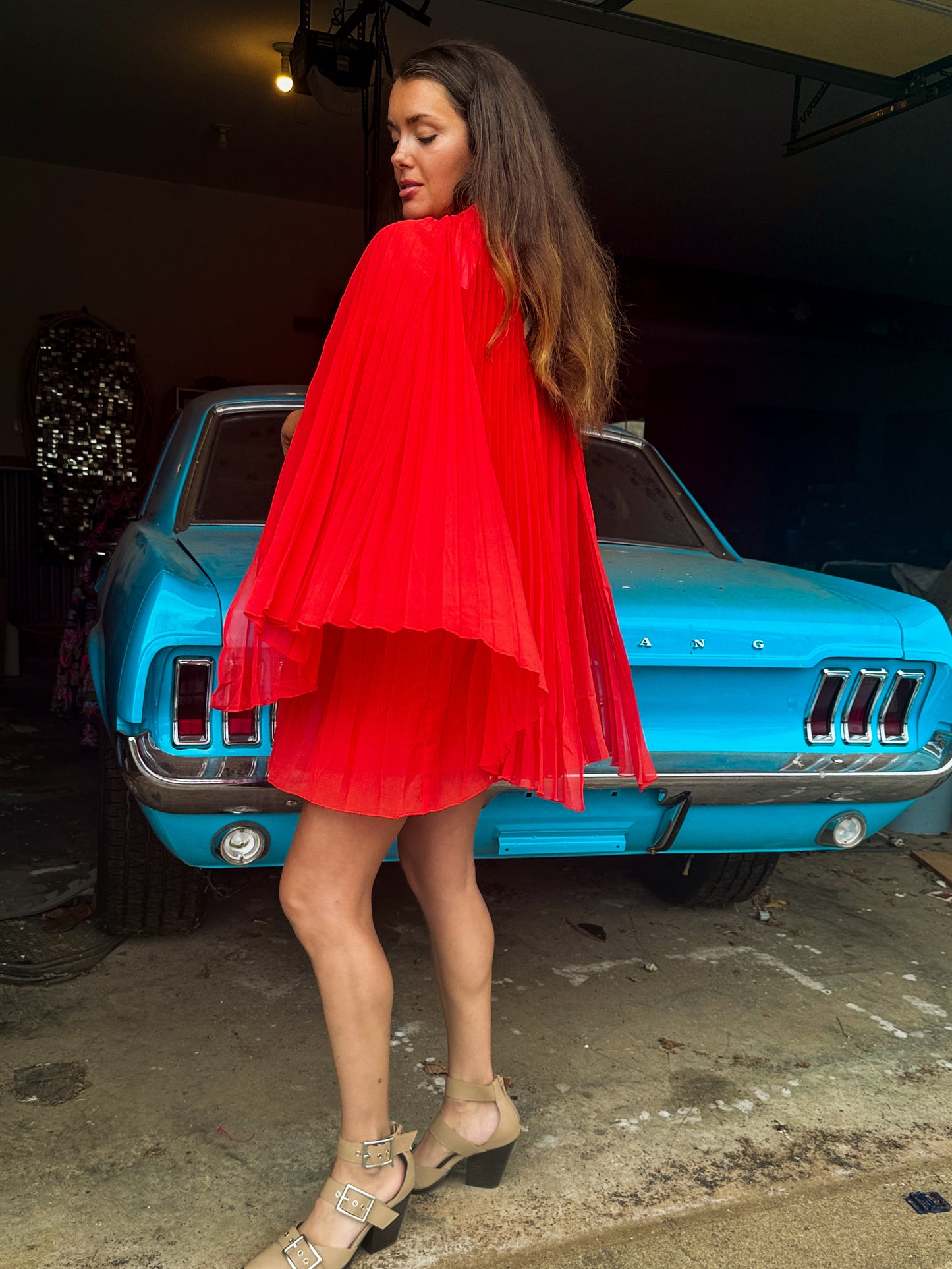 Pleated Chiffon Cape Shift
Mini Dress (Spicy Orange)