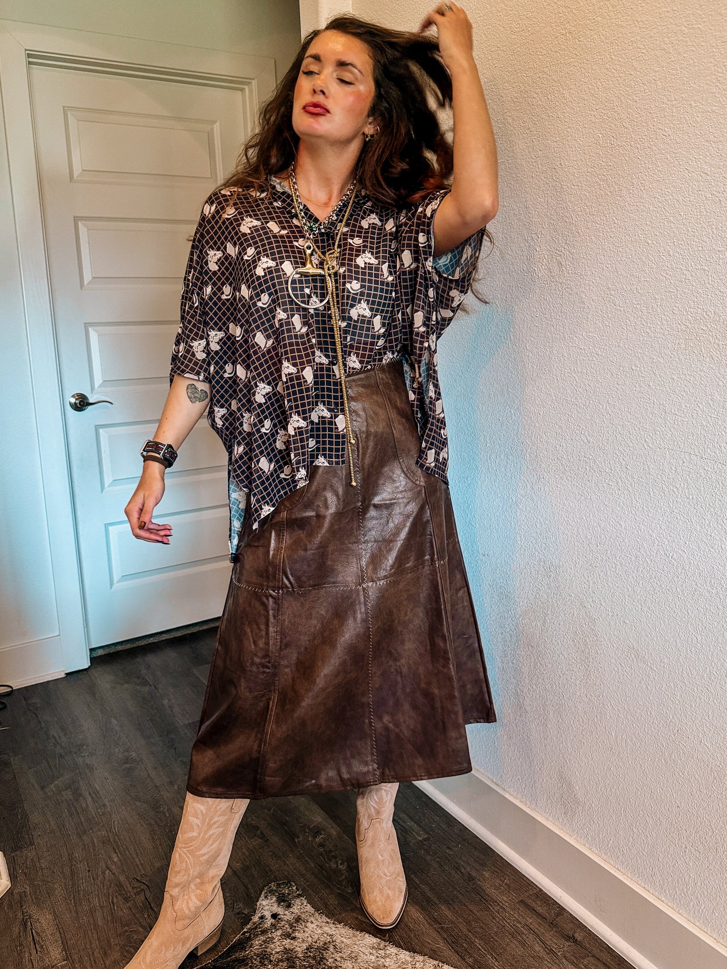 Washed Leather Midi Skirt