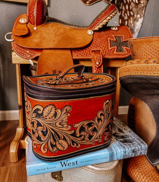 Rust Tooled Leather Train Case