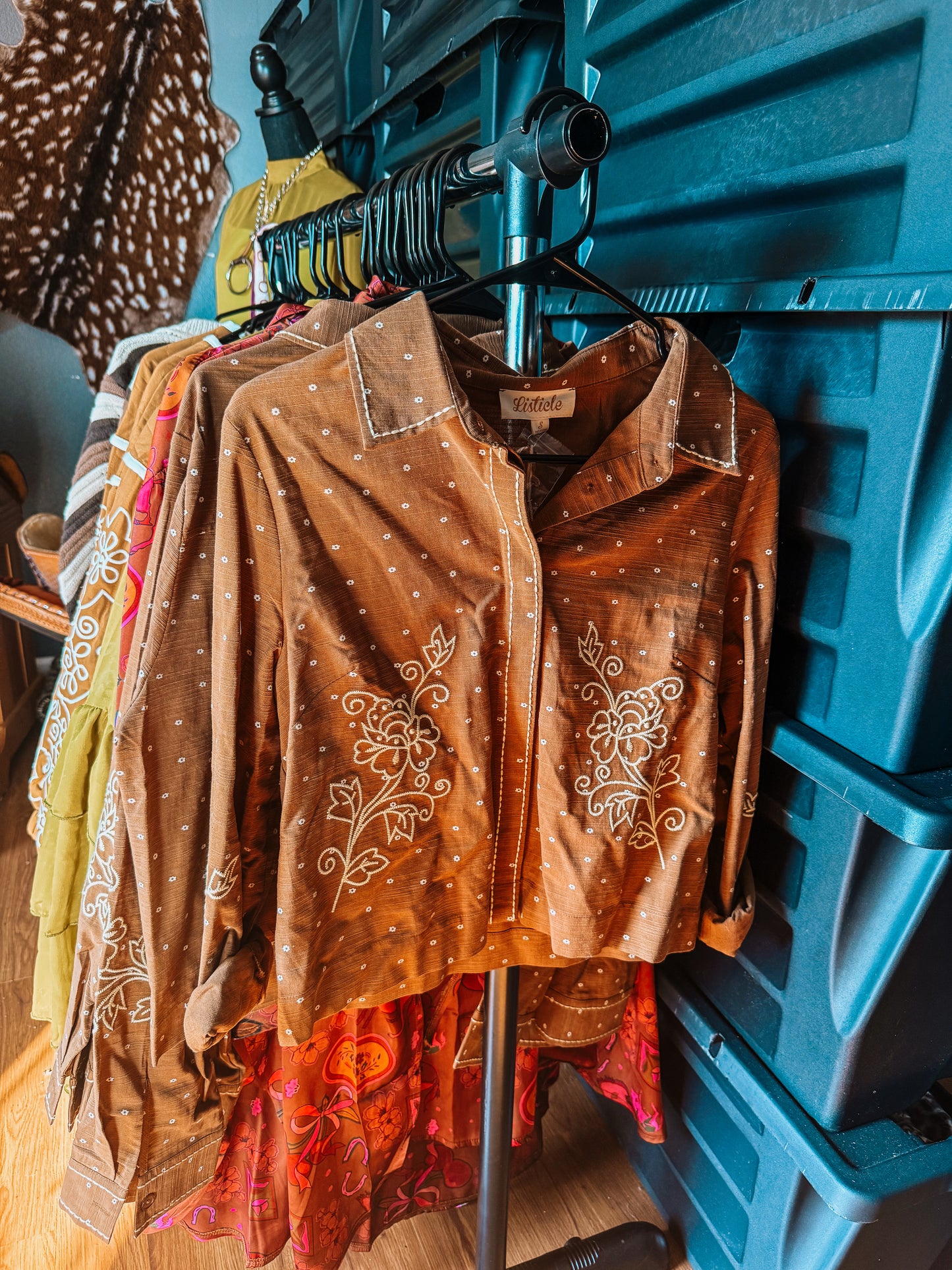 Camel embroidered button up