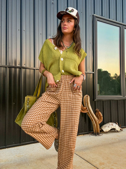 Brown Gingham Elastic Barrel Pants