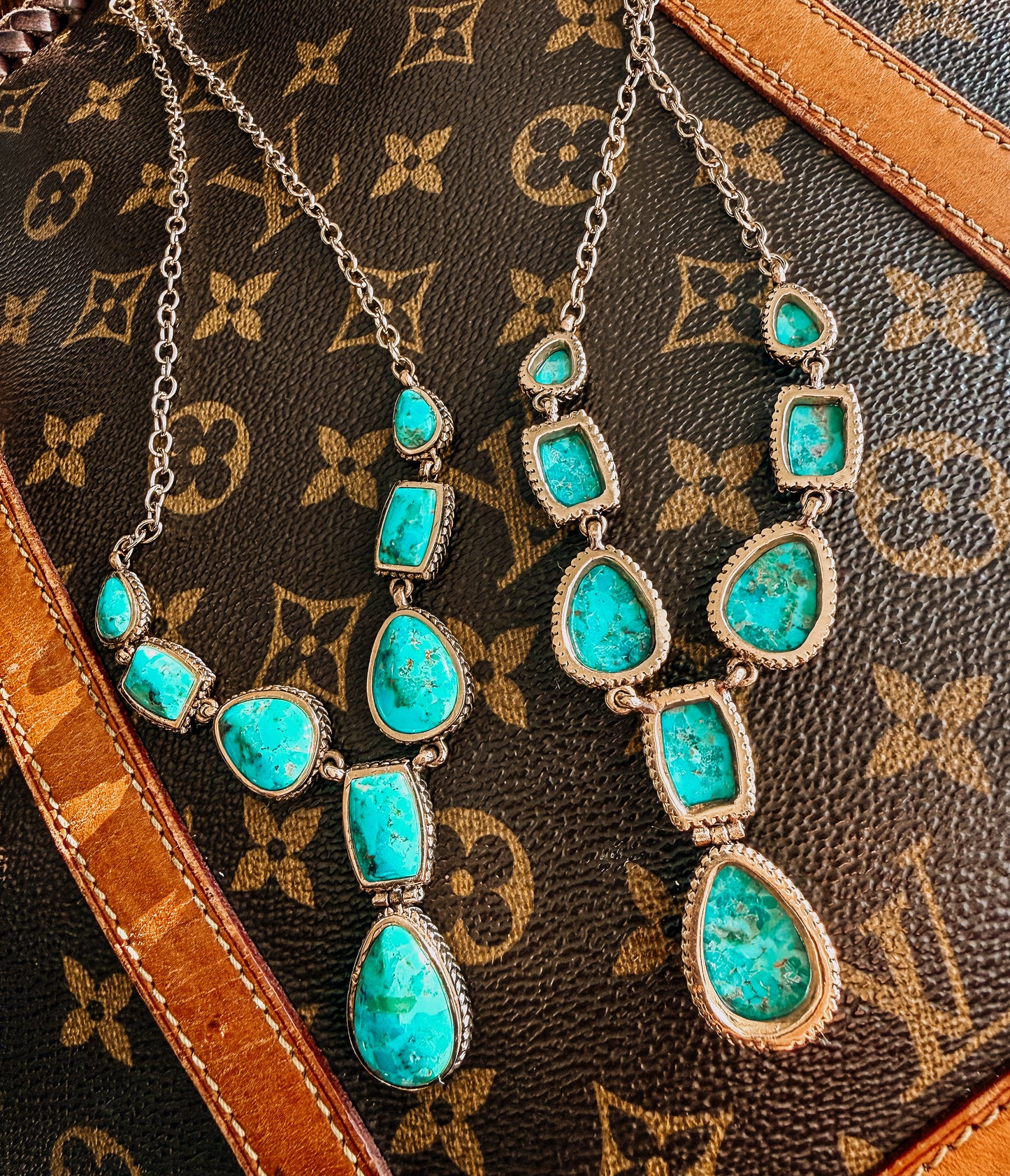 Genuine Blue Turquoise Roped Golden Bronze Y
Necklace