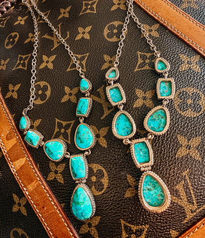 Genuine Blue Turquoise Roped Golden Bronze Y
Necklace