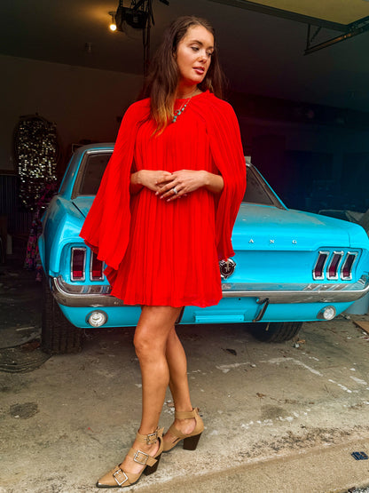 Pleated Chiffon Cape Shift
Mini Dress (Spicy Orange)