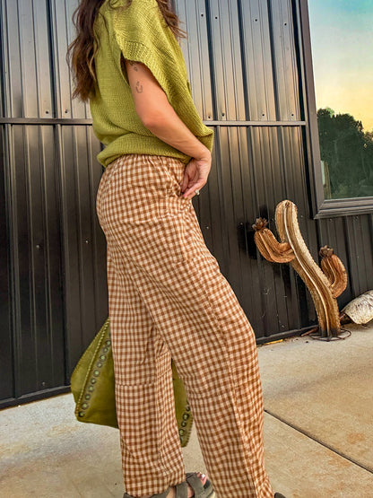 Brown Gingham Elastic Barrel Pants