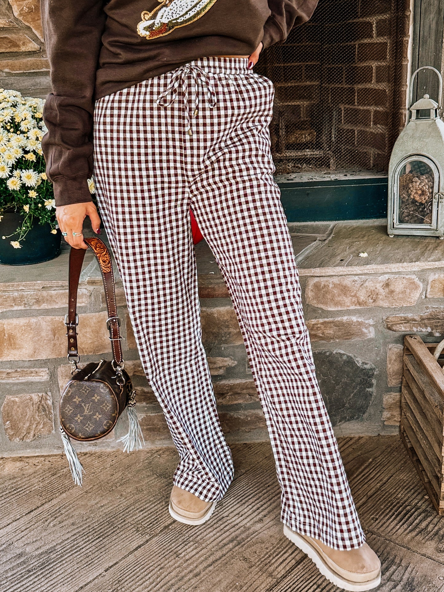 Gingham Brown Flare Pants￼